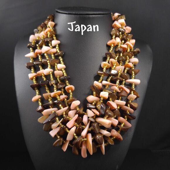 Vintage Japan 5 Strand Shell Glass Beads Necklace, 1950s, 17" - Picture 2 of 10